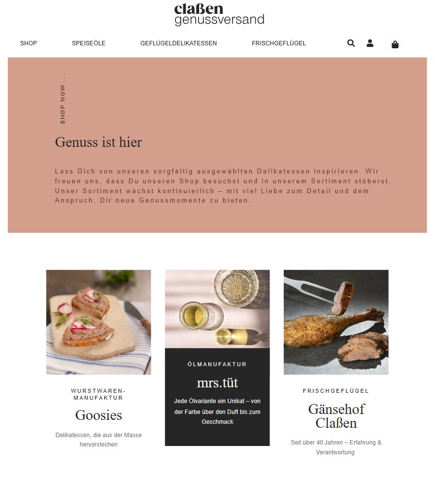 Ausschnitt der Startseite des Online-Shops Claßen Genussversand